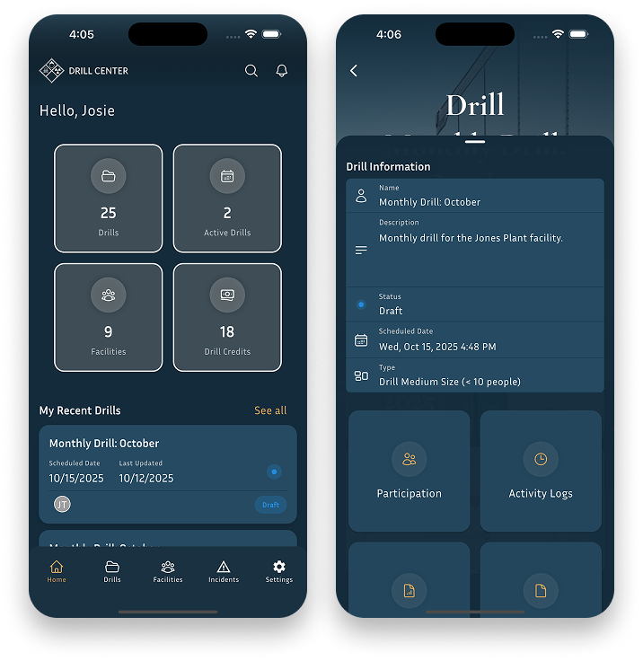 Screenshots of the Drill Center App