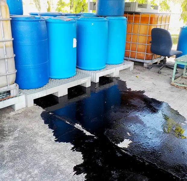 black chemical spill from plastic drums on pallets